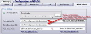 Log into your BF2CC client software and click on the Demo & URLs tab.Click in the box to the left of Auto Record Demo to activate   this feature.Set the Demo Quality to 2. The higher this value is, the better the quality of the recording will be. Better quality also   means larger file sizes.